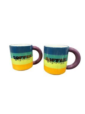 Tabitha Brown Set Of 2 Ceramic Coffee Mugs With Rainbow Stripes & Purple Handles